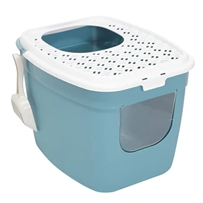Image de Bac à litière pour chat avec entrée avant et supérieure 54 x 44 41 cm Turquoise/blanc
