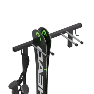 Image de QLS S3 2 Support mural pour paires de skis 44 cm bâtons marche nordique et trekking avec revêtement en caoutchouc protection un rangement peu encombrant