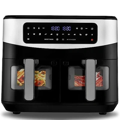 Image de Venga! Friteuse à Air Chaud, Double Tiroirs, Capacité 2x 4,5 L, 9 Programmes de Cuisson, Fonctions Match Cook &amp; Smart Finish, 2600 W, Noir/Argent, VG AFT 3008