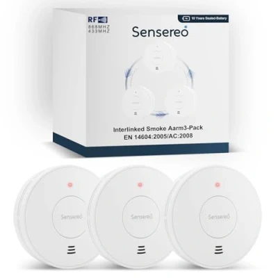 Image de Sensereo Détecteur de Fumée sans Fil Interconnecté Alarme Incendie avec Batterie Scellée pour 10 Ans et Indicateur LED Portée 250 m Certifié CE EN14604 (Pack 3)
