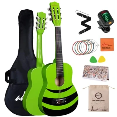 Image de ADM Guitare de concert 1/4 pour enfant avec accordeur à clip, sac, sangle, cordes et médiators supplémentaires, vert abeille miel