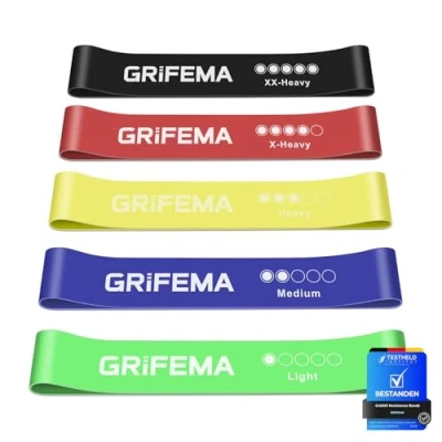 Image de GRIFEMA GA5001, 5 Bandes Élastiques de Musculation, Niveaux Résistance pour la Le Pilates, Yoga et Plus Encore, Vert Bleu Jaune Rose Noir