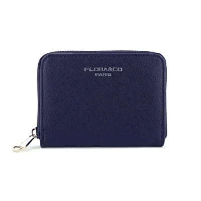 Image de flora &amp; co Portefeuille Femme Petit Format Porte Monnaie Carte Tout en Un Court Similicuir Grainé Zippé Chic Pratique Léger Bleu Marine