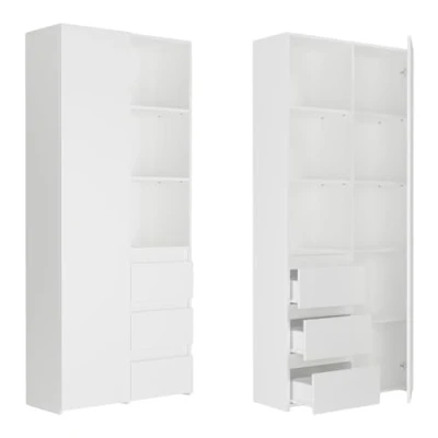 Image de Armoire de rangement 1 porte 3 tiroirs 2 étagères 80x30x180 cm bureau style moderne Meuble Blanc