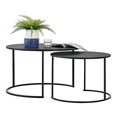 Image de Lot de 2 Tables Basses Rondes Gigognes Capacité Charge 20 kg Salon Robustes en Fer Tailles Différentes Noir