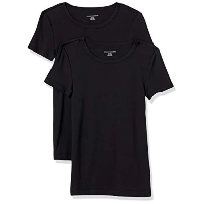 Image de Amazon Essentials T Shirt Col Rond à Manches Courtes Coupe Ajustée Femme, Lot de 2, Noir, M