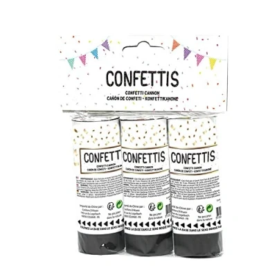 Image de Cotillons d&#039;Alsace 3 CANONS À CONFETTIS Papier Soie 11CM Noir Or