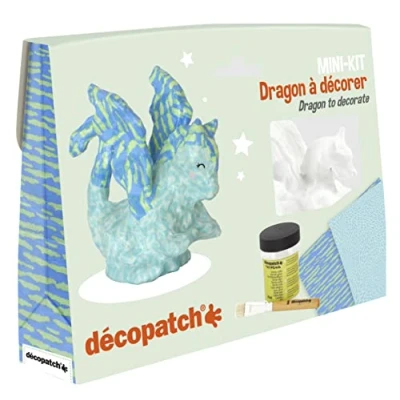 Image de Décopatch KIT035C un Mini kit comprenant animal pulpé peint en blanc 2 feuilles 1 pinceau pot de vernis colle, DRAGON