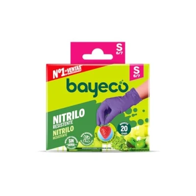 Image de Bayeco .xls Gants nitrile à usage unique Violet Ambidextre Sans poudre ni latex Doigts texturés pour une meilleure prise en main Pack distributeur de 20 unités Taille S