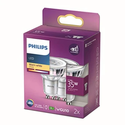 Image de Philips ampoule LED Equivalent35W GU10 Blanc chaud, Non dimmable, Verre, Lot de 2