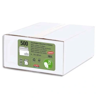 Image de GPV Boite de 500 Enveloppes Format DL (110x220 mm), fenêtre 35x100 mm, qualité papier blanc : 75 g/m2 Certifié PEFC