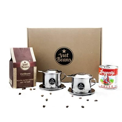 Image de Set de démarrage pour café vietnamien VietBeans &quot;Petit déjeuner deux&quot; 250g moulu Traditionnel + 2 x filtre en acier inoxydable (Phin) Lait condensé sucré