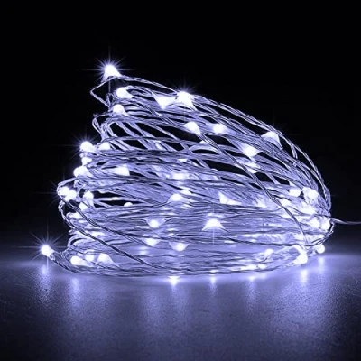 Image de Jsdoin Lot de 4 guirlandes lumineuses à 50 LED et piles en fil cuivre pour éclairage chambre, décoration mariage, fête, Noël, arbre (5 m, Blanc froid)