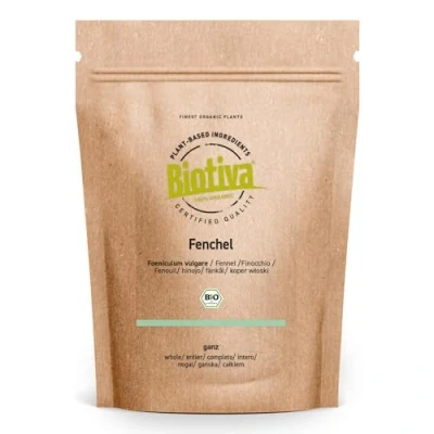 Image de Biotiva fenouil sucré entièrement bio 1000 g Foeniculum vulgare Graines de Certifié sans substances nocives Sachet fraîcheur refermable