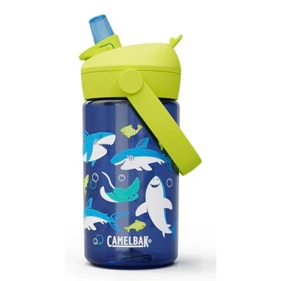 Image de CAMELBAK Thrive Flip Straw Bouteille d&#039;eau pour enfants de 414 ml avec Tritan Renew Facile à transporter Dessus en paille, requins et raies
