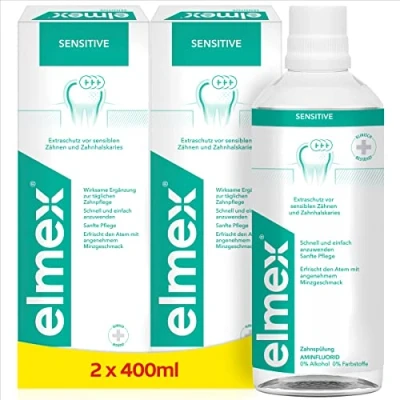 Image de elmex Lot de 2 bains bouche Sensitive 400 ml Pour une protection supplémentaire contre les dents sensibles à la douleur et caries cervicales le nettoyage quotidien des sans