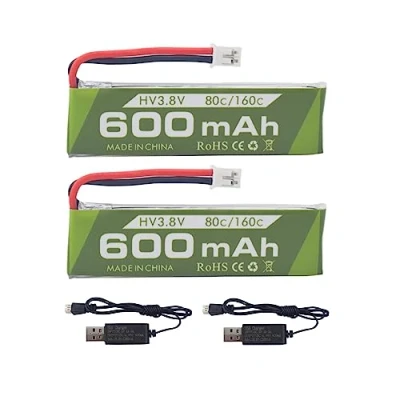 Image de ZYGY 2PCS 1S 3.8V 80C 600mAh Batterie connecteur JST PH 2.0 &amp; câble de Charge USB pour Cinewhoop Tinyhawk Micro FPV Avion Course RC