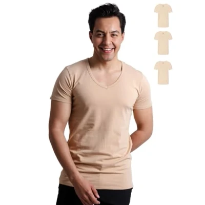 Image de SKIPPER Lot de 3 Stretch T Shirt Homme Col V Profond I Maillot Corps Beige Tricot 95% Coton 5% Élasthanne sous Chemise Manches Courtes Label Oeko TEX®