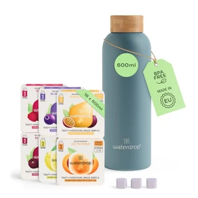 Image de waterdrop® Cadeau Pâques Coffret Dégustation Inox, Bouteille Isotherme 600 ml + 18 Cubes à Boire en 6 Saveurs, Sans Sucre, Boisson Cube, Gourde d&#039;Eau, Paques Pour Homme &amp; Femme
