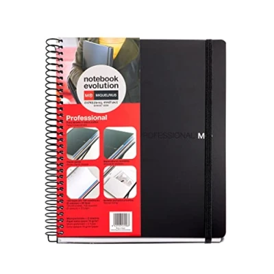 Image de Miquelrius Cahier A5 Professionnel Evolution 120 Feuilles de 70 g/m², 100 Grilles + 20 Uni, Couverture Polypropylène Noir, fermeture caoutchouc