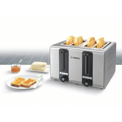 Image de Bosch TAT7S45 Grille pain à 4 fentes avec arrêt automatique fonction décongélation, idéal pour tranches de toast, large lifting, 1800 W, acier inoxydable/gris