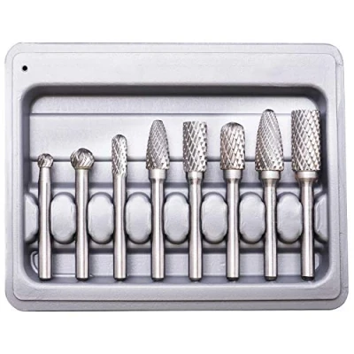 Image de Fraises Rotatives, Double Coupe de Tungstène Burres, 8 Pièces Burres Rotatives En Carbure Massif Acier Set 6mm Queue Pour Outils Rotatifs perceuse électrique CTBSE