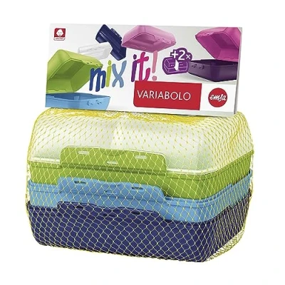 Image de Emsa 517053 Variabolo Lot de 4 récipients alimentaires pour garçons, 16 x 11 cm, peuvent être ouverts des deux côtés, empilés gagner la place, bleu/vert