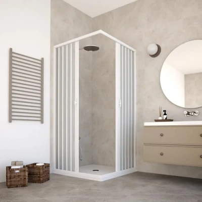 Image de Cabine de douche 70 x 100 (h) 185 cm, modèle Paola en PVC. avec ouverture d&#039;angle, double porte à soufflet, réductible, réversible, couleur blanche.
