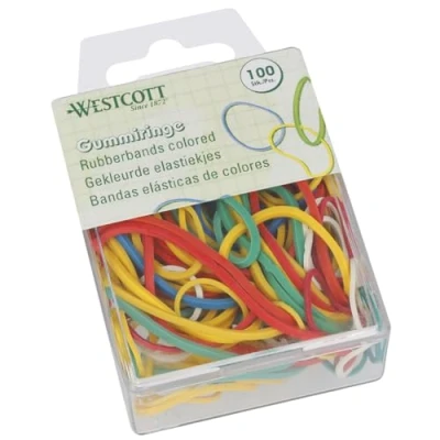 Image de Westcott E 10582 00 Lot de 100 élastiques en caoutchouc colorés différentes tailles dans un récipient plastique pratique pour ranger des ménagers 20 mm à 70