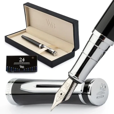 Image de Wordsworth &amp; Black Ensemble de stylo plume, Moyen Nib, comprend 24 cartouches d&#039;encre et un convertisseur recharge d&#039;encre, coffret cadeau, calligraphie, stylos à écriture lisse [Chrome noir]