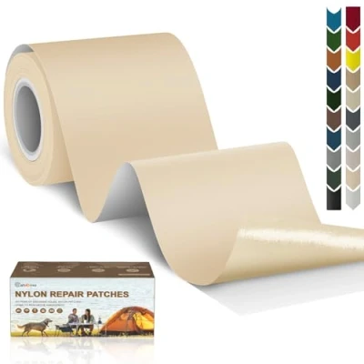 Image de Cahomo Patch en nylon autocollant, 7.6x200 cm de réparation imperméable tissu autocollant reparation, pour veste, tentes, doudoune, sac couchage, sacs à dos Beige Foncé