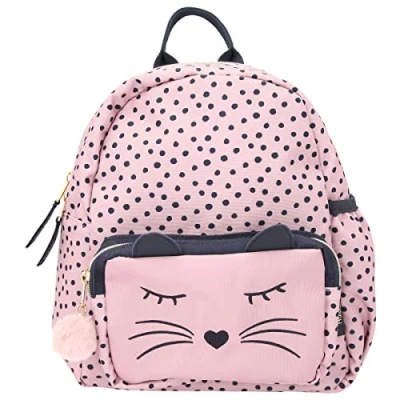 Image de Depesche 11915 Princess Mimi sac à dos rose clair, motif pois, visage de chat et petit œillet, avec compartiment principal, poche avant, bretelles rembourrées pendentif en peluche