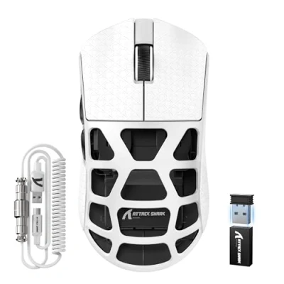 Image de ATTACK SHARK R3PRO 46g Souris Super Léger en Alliage de Magnésium, 8000Hz Polling Rate, 26000DPI, 2,4G/BT/Filaire, Capteur PixArt PAW3395, G502, Programmables avec Câble Spiralé, PC/Mac, Blanc