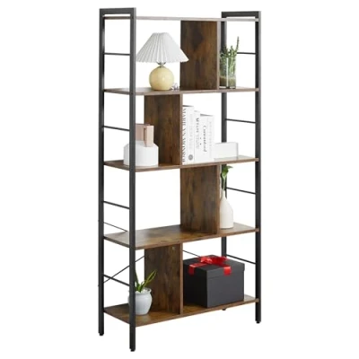 Image de Bibliothèque étagère de rangement HOMCOM 5 niveaux compartiments ouverts cadre en acier 74x30x1575cm brun rustique