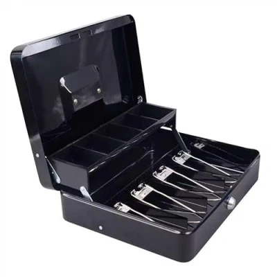 Image de igadgitz home U7263 Caisse à Monnaie en Métal avec Clés, Plateau et Clips Ressort, Cash Box Noir