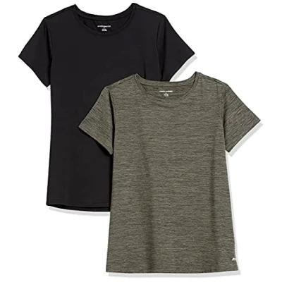 Image de Amazon Essentials T shirt à manches courtes et col rond Tech Stretch (disponible en grande taille) Femme, Lot de 2, Noir/Teinture Spatiale Olive, XS