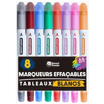 Image de Marqueurs pour Tableaux Blancs par SmartPanda Double Pointe, Médium et Fine Effaçable à sec, Parfait une Utilisation la Maison, au Bureau ou l’ École Pochette de 8 Couleurs (8)