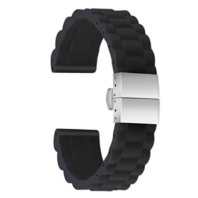 Image de ULLCHRO Bracelet Montre Haute Qualité Remplacer Silicone Link Pattern 16mm, 18mm, 20mm, 22mm, 24mm Caoutchouc avec Boucle Déployante Acier Inoxydable (16mm, Noir)