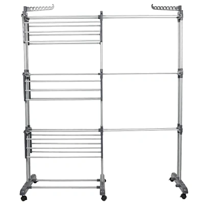 Image de THINFAR Séchoir à linge vertical et extensible, 4 niveaux, avec roues, en acier inoxydable, parfait pour une utilisation extérieur sur un balcon ou intérieur, 75 142,5 x 64 170 cm, gris