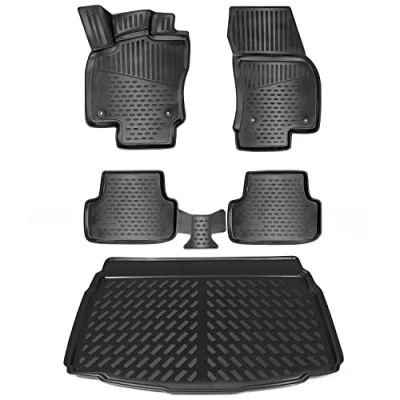 Image de Kit de tapis design en caoutchouc et coffre pour VW T ROC à partir 2017, plancher chargement inférieur, antidérapant avec bord haut 5 cm