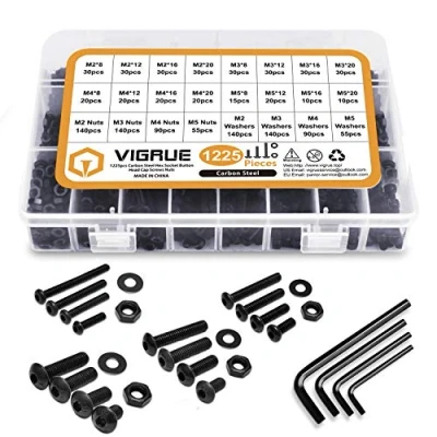 Image de 1225 pièces vis cylindriques en acier au carbone M2 M3 M4 M5 à tête cylindrique six pans creux avec écrous, rondelles et clés douille hexagonales dans une boîte d&#039;assortiment