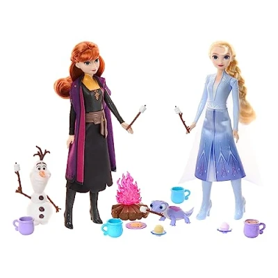 Image de Mattel Disney La Reine Des Neiges Coffret Aventures En Forêt Avec 2 Poupées Elsa Et Anna, Figurines Amis Olaf Bruni 12 Accessoires De Camping Inclus, Jouet Enfant, A Partir 3 Ans, HPD52