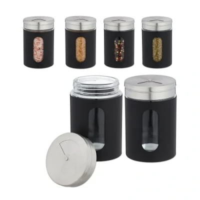 Image de Relaxdays Saupoudreuse à épices, Lot de 6, 3 Tailles saupoudrage, XL, 290 ML, Verre &amp; Acier Inoxydable, Noir