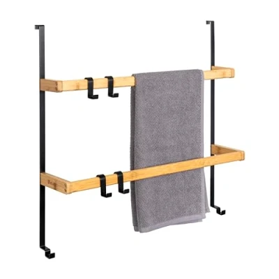 Image de eluno Étagère Suspendue de Porte en métal et Bambou, Serviettes avec 2 Barres Serviettes, 4 Crochets Pratiques, à Suspendre sans perçage (Noir)