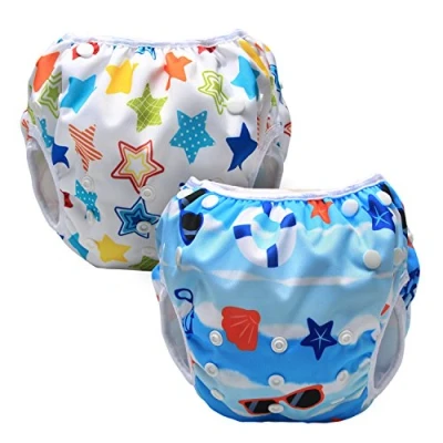 Image de Luxja Couches de Bain, Bébé Maillot Bain 2PCS, Lavable, Réutilisable, Ajustable, Pour les enfants 0 3 Ans, Plage + Étoiles Colorées