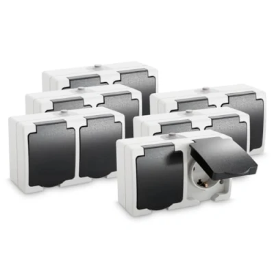 Image de ABSINA prise de courant sécurité apparente pour locaux humides 6x double avec couvercle rabattable IP44, 250V, 16A, 2 pôles