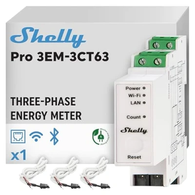 Image de Shelly Pro 3EM 3CT63 Compteur électrique Monophasé/Triphasé, Mesure 4 Fils, Montage sur rail DIN, Pince ampèremétrique incluse, Sortie d’impulsion, Systèmes photovoltaïques, Contrôle par App