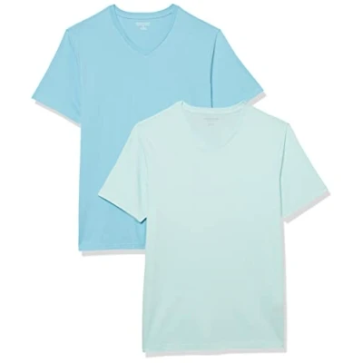 Image de Amazon Essentials T shirt slim à manches courtes et col en V Homme, Lot de 2, Bleu Clair/Bleu des Mers du Sud, XXL