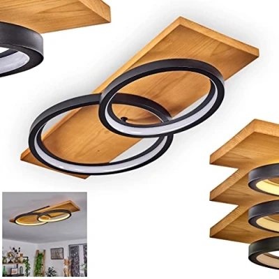 Image de plafonnier LED Pompu, en métal/bois/plastique naturel/noir, 75 cm, intensité lumineuse variable, 3500 lumens, 3000 K, 1 x 30 Watt (incl.)