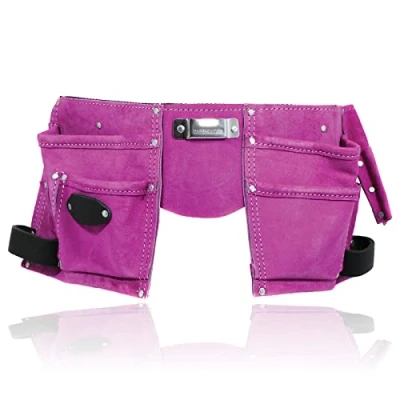 Image de SPARES2GO Ceinture porte outils de jardinage rose double cuir 11 poches support violet réglable daim